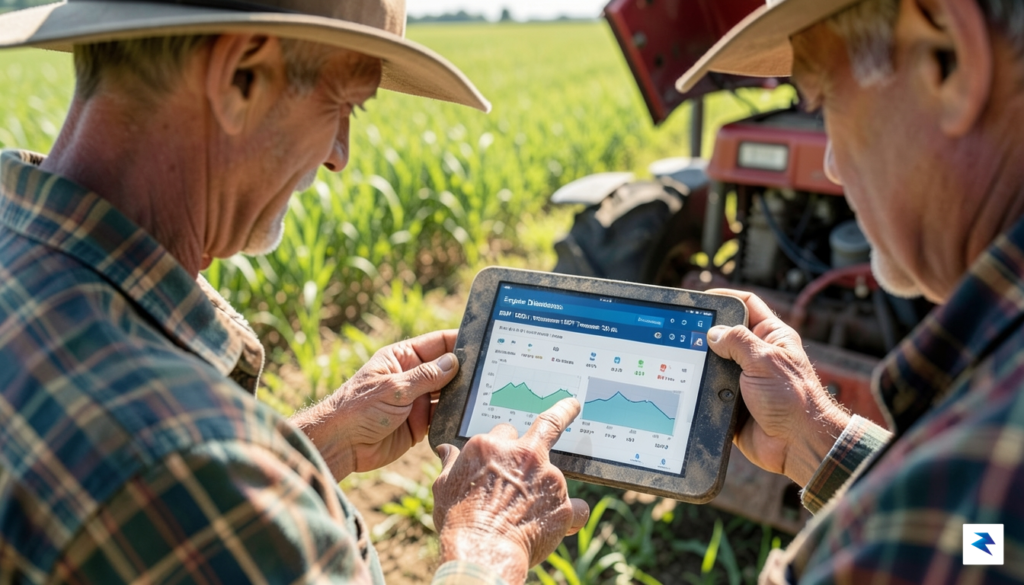 A close-up shot of a farmer using a tablet to…