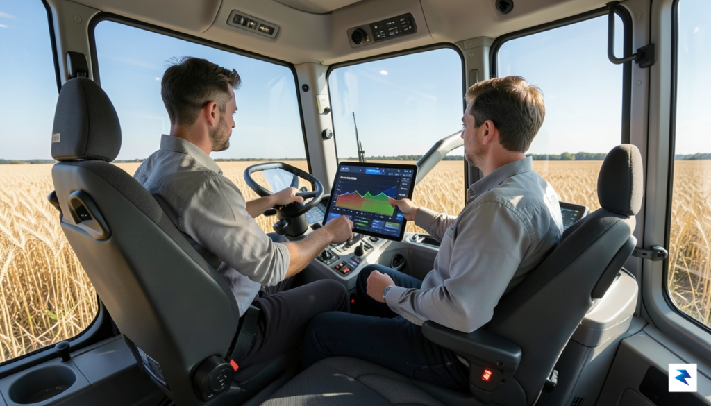A modern, high-tech tractor interior showing a farmer using a…