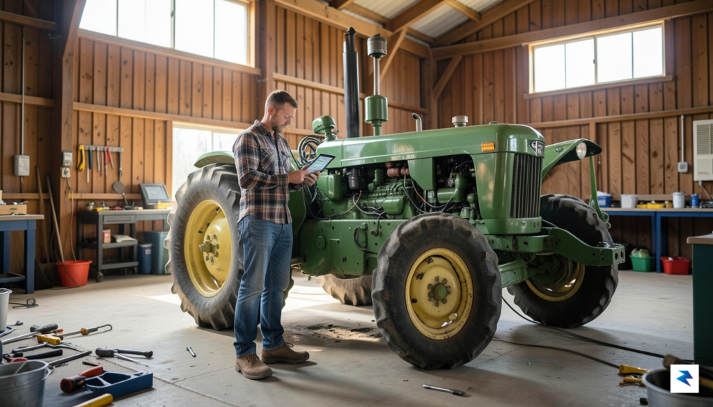 A wide-angle, high-resolution shot of a farmer using a tablet…