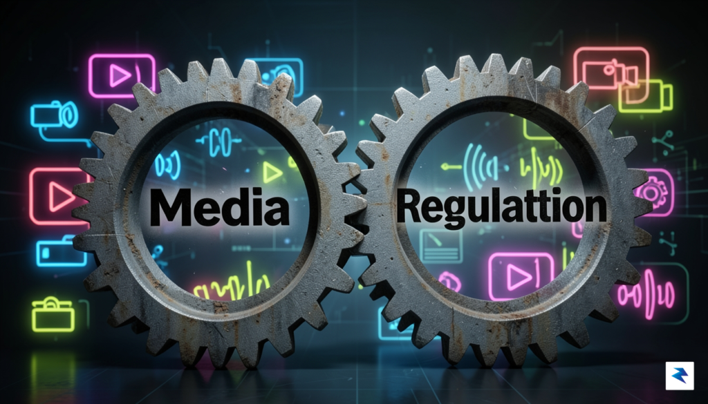 A conceptual illustration showing two massive, interlocking gears labeled "Media"…