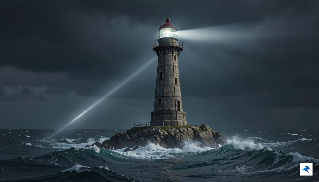 A conceptual illustration showing a massive, single lighthouse casting a…