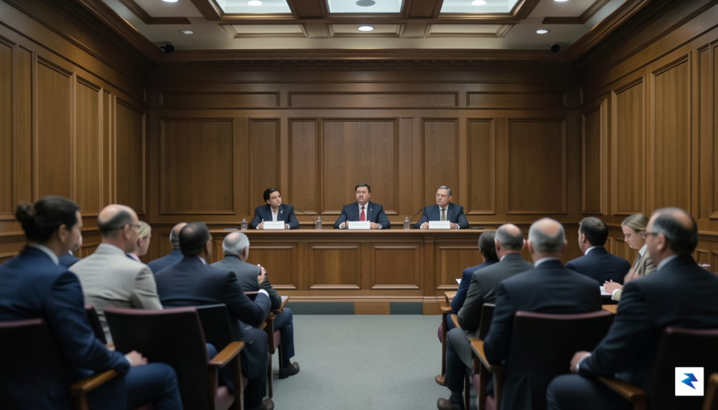 A somber, professional setting inside a wood-paneled congressional hearing room…