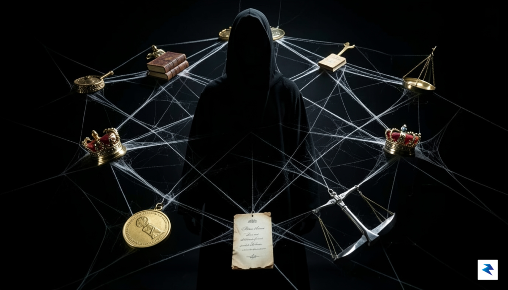 A high-contrast, moody conceptual photograph showing a complex web of…