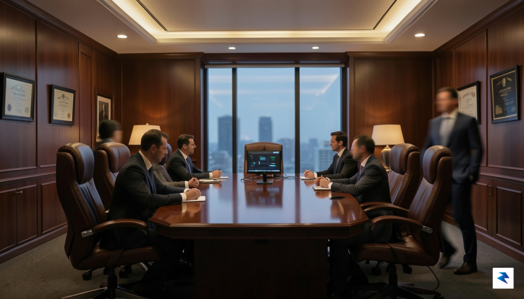 A conceptual image showing a high-end, dimly lit corporate boardroom…