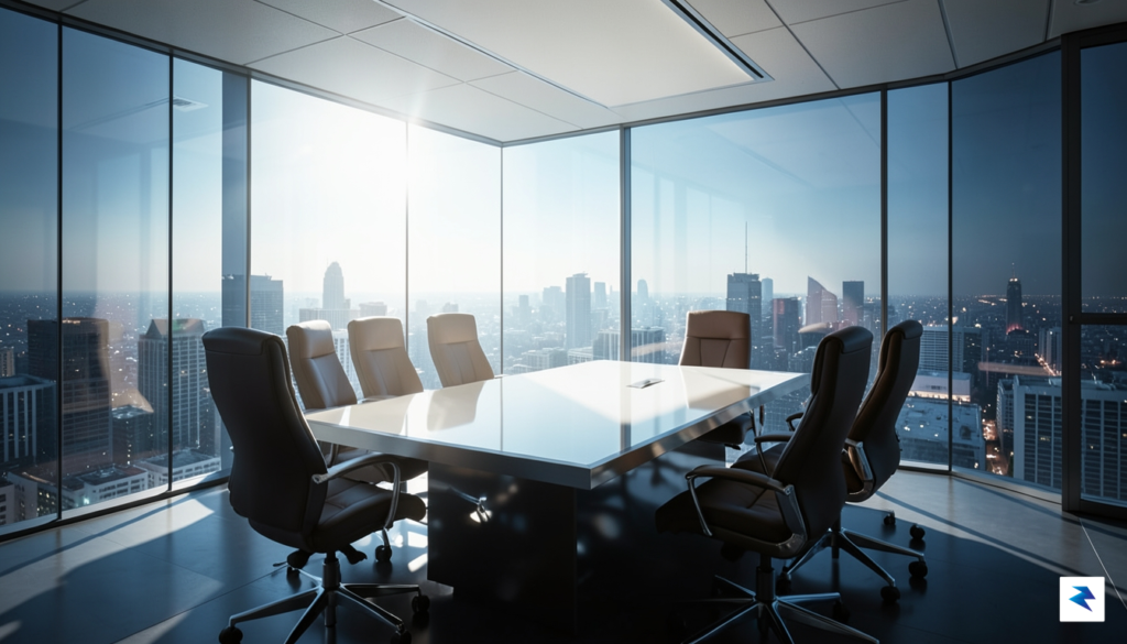A conceptual illustration of a glass-walled boardroom with bright, sharp…