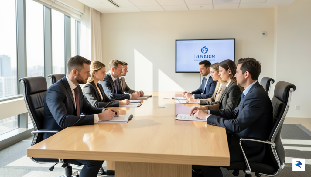 A modern, minimalist boardroom table with a focused group of…
