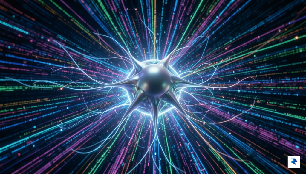A conceptual digital visualization showing a sleek, glowing neural network…