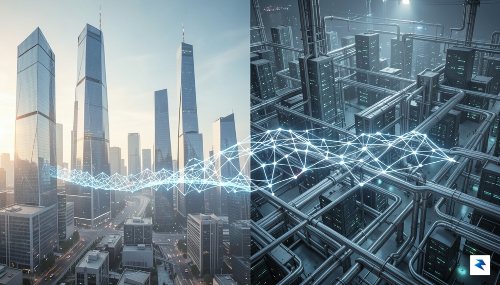 A digital illustration showing a glowing neural network bridge connecting…
