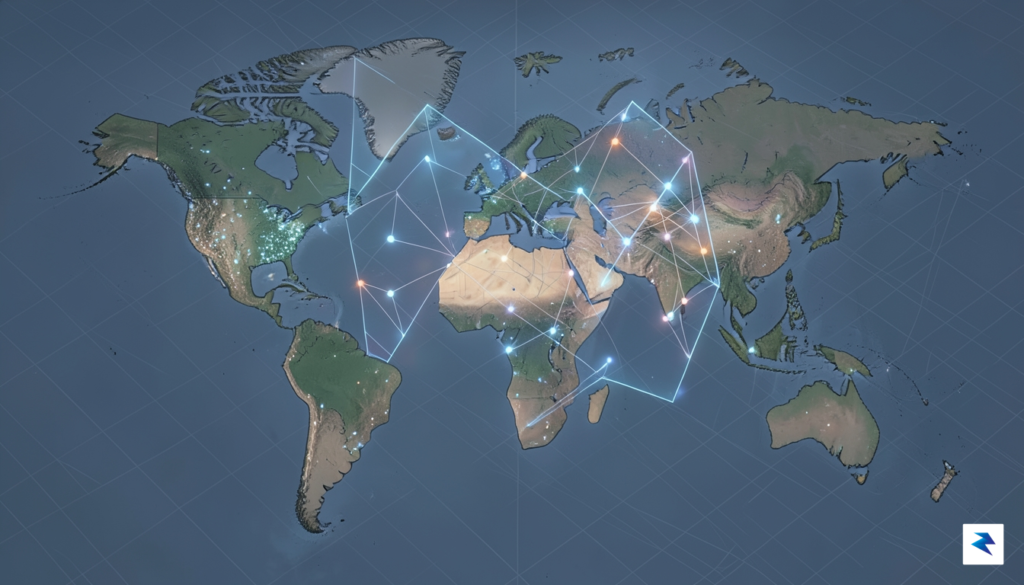 A conceptual digital map of the world where glowing, interconnected…