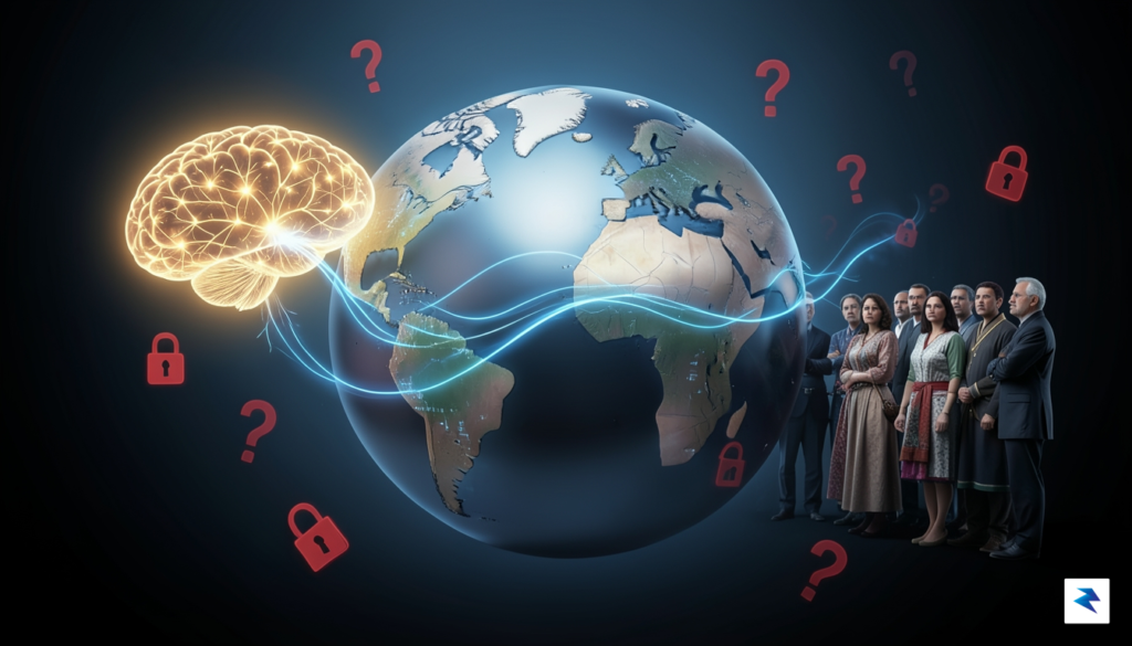 A stylized globe with data streams flowing into and out…