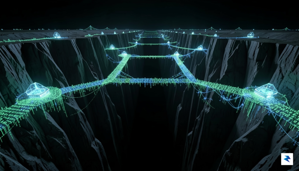A conceptual digital art piece showing a glowing, interconnected network…