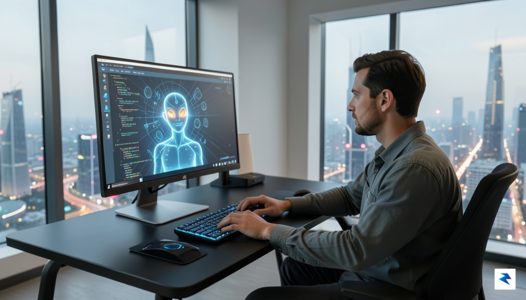 A sleek, futuristic workspace showing a developer collaborating with a&hellip;