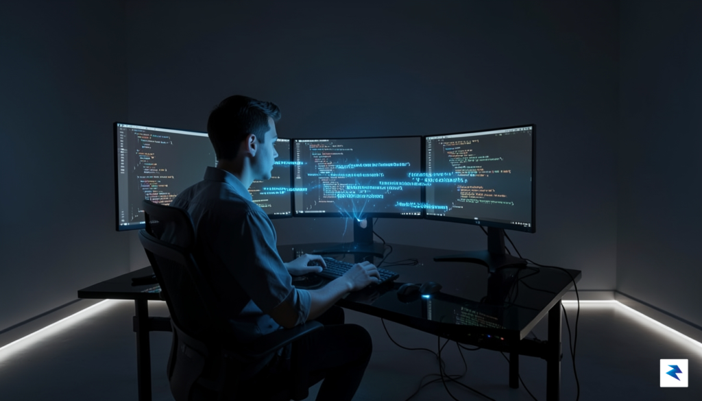 A modern software developer working on a multi-monitor setup in&hellip;