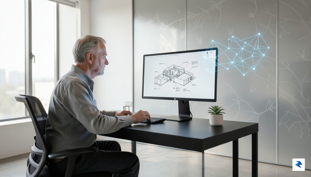 A modern, minimalist workspace with a senior engineer reviewing architectural&hellip;