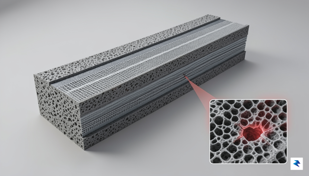 A detailed 3D cross-section diagram of a lithium-ion battery cell,…