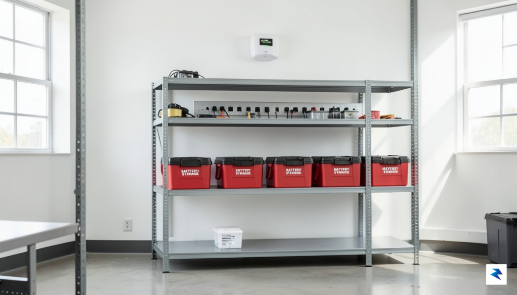A clean, organized workshop shelf featuring a dedicated battery charging…