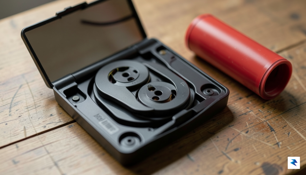A close-up, high-angle shot of an open Kodak EC35 film…