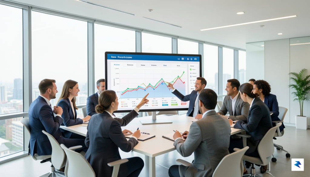 A modern, bright office space with diverse professionals collaborating around…