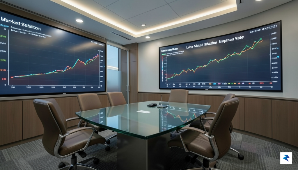 A modern, high-tech Federal Reserve boardroom with digital graphs showing…