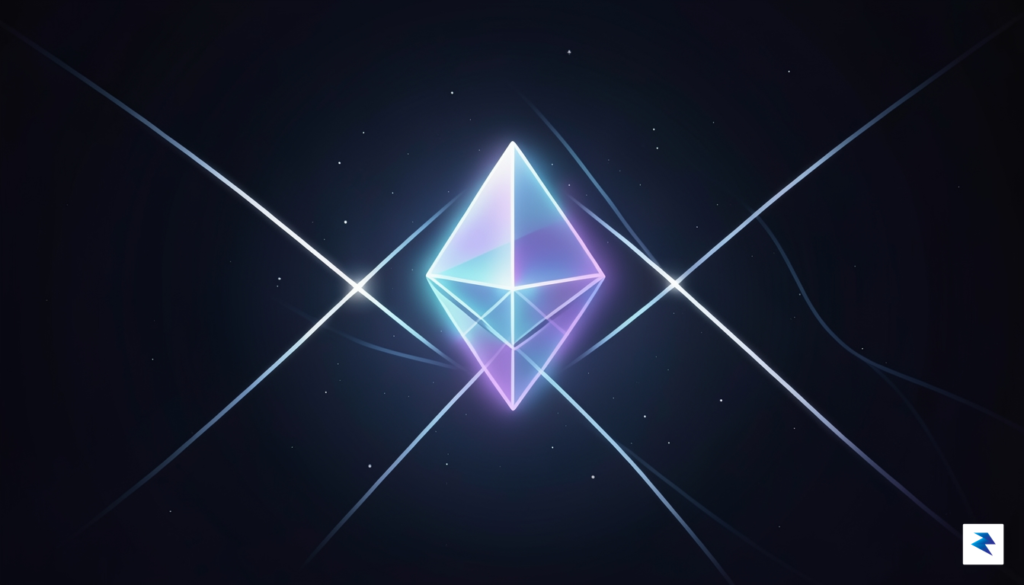 A modern, minimalist digital illustration of a glowing Ethereum geometric&hellip;