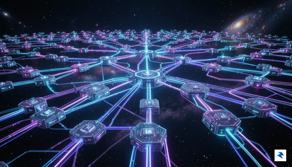 A complex 3D digital visualization of a global blockchain network&hellip;