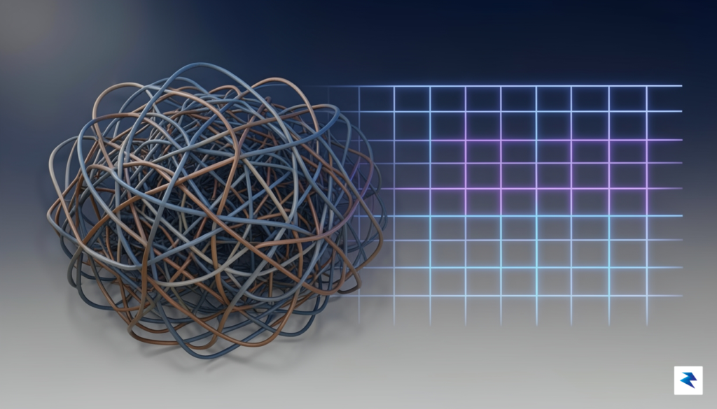 A conceptual digital illustration of a complex, tangled network structure&hellip;