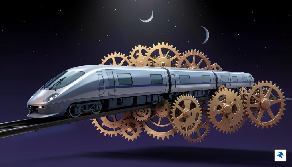 A conceptual digital art piece showing a high-speed train engine&hellip;