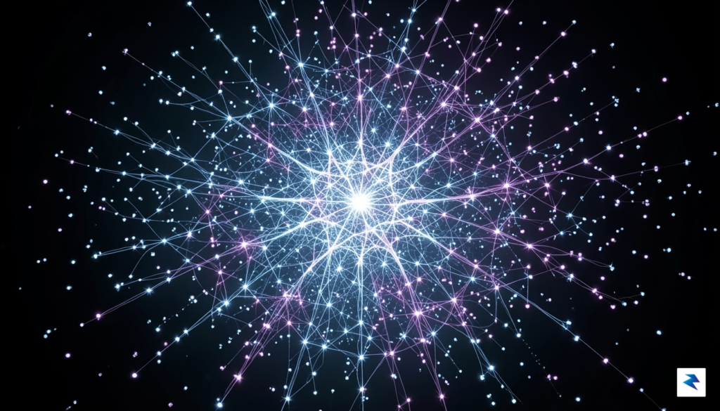 An abstract digital visualization of a dense, glowing neural network…