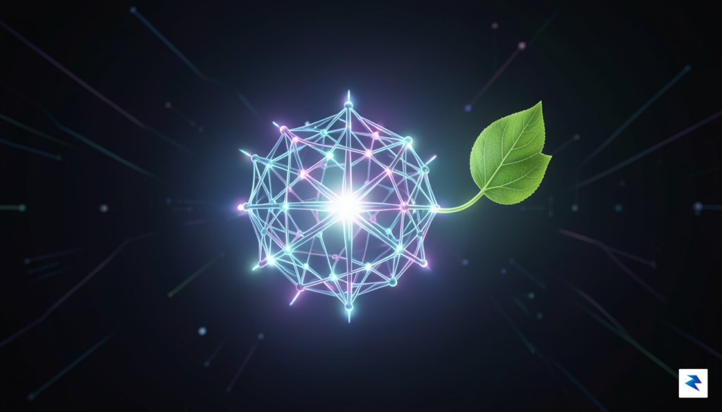 A sleek, futuristic visualization showing a glowing, intricate neural network…