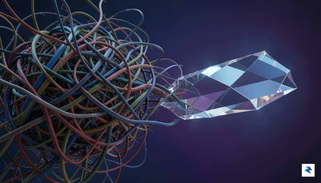 A conceptual digital illustration showing a glowing, streamlined neural network…