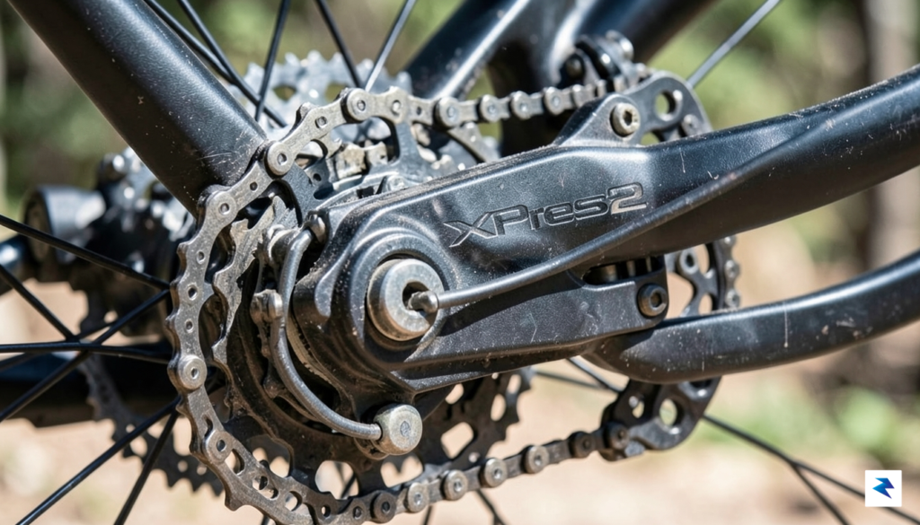 A close-up, high-detail shot of the XPress2 rear hub motor…