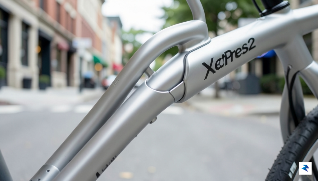 A close-up, high-angle shot of the Lectric XPress2 frame showing…