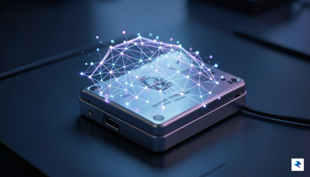 A conceptual digital art piece showing a glowing, translucent AI…