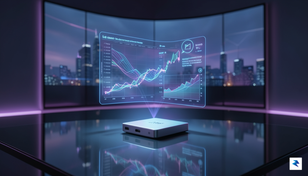 A sleek, futuristic digital workspace showing a glowing holographic interface…