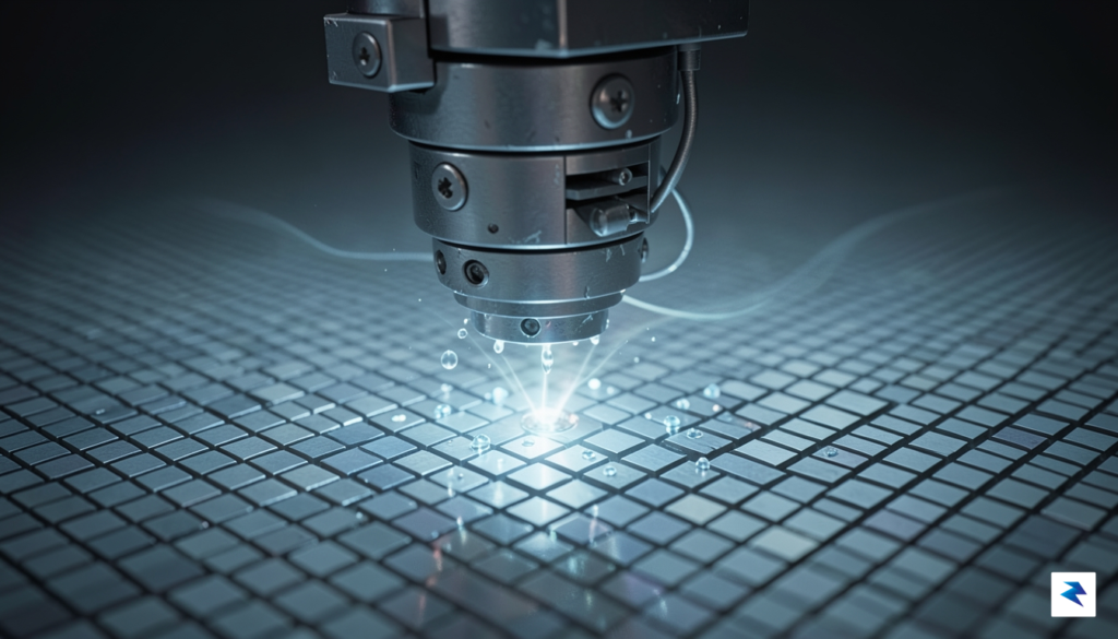 A close-up, high-tech conceptual illustration showing a microscopic industrial print…