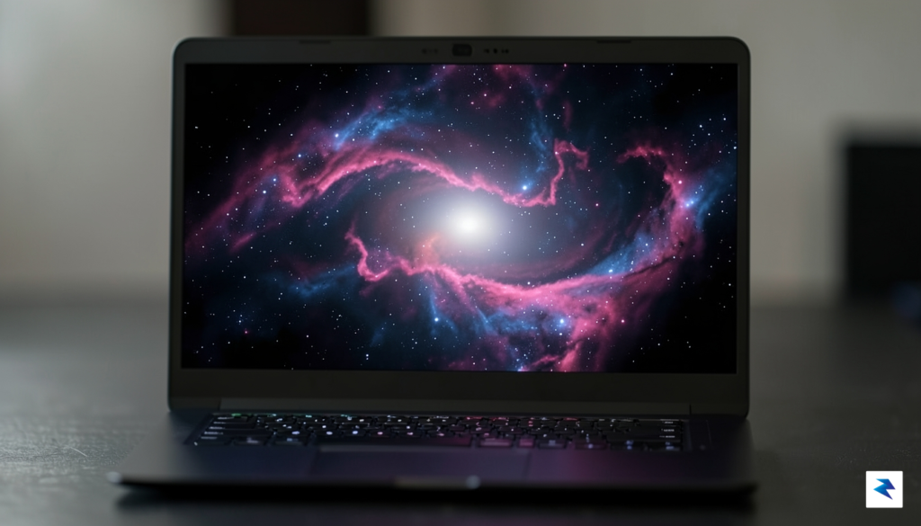 A close-up, high-definition shot of a gaming laptop screen displaying…