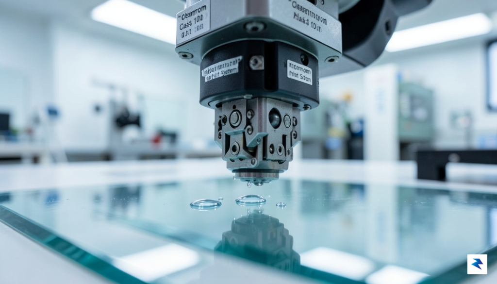 A close-up macro shot of an industrial inkjet print head…