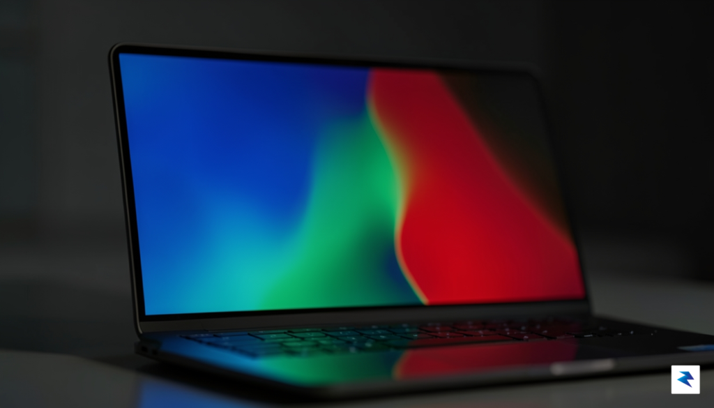 A close-up, macro shot of a high-resolution laptop screen displaying…
