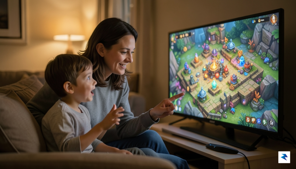 A parent and child intensely focused on a video game…
