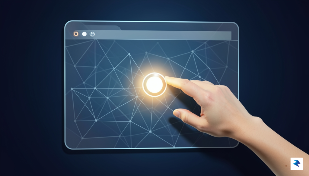 A conceptual digital illustration showing a clean, transparent computer interface…