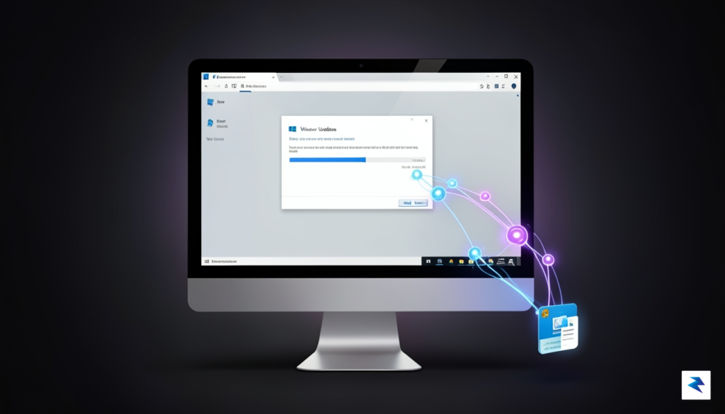 A conceptual digital illustration showing a monitor connected to a…
