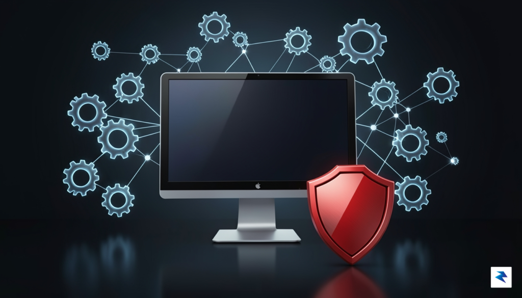 A conceptual digital illustration showing a PC monitor connected to…