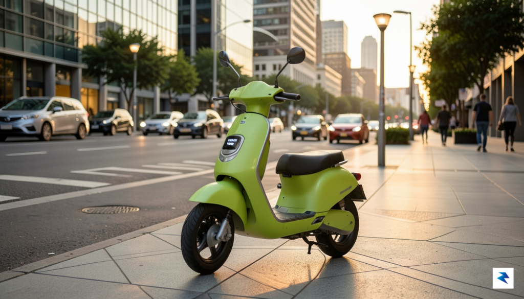 A wide-angle street-level shot of a sleek, lime-green electric scooter…