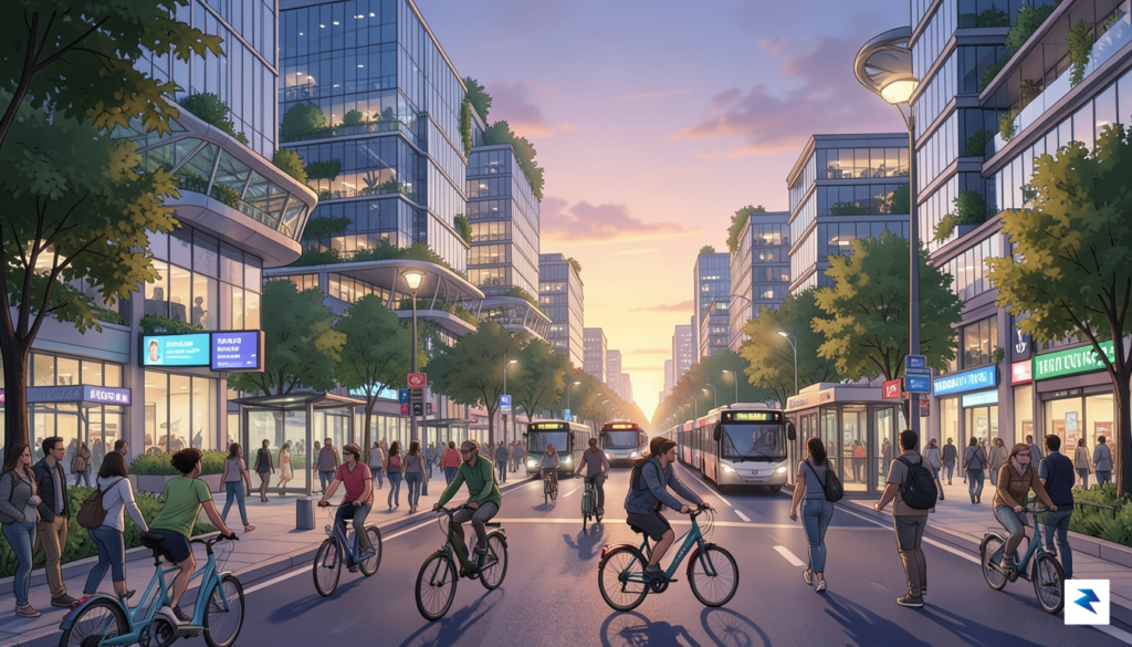 A vibrant, detailed illustration of an urban street scene at…