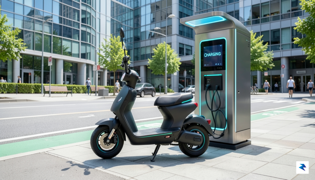 A sleek, modern electric scooter parked neatly at a high-tech…