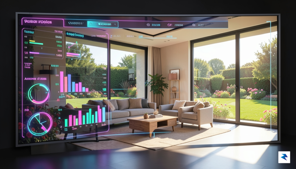 A high-tech digital studio interface showing real-time audience voting statistics…