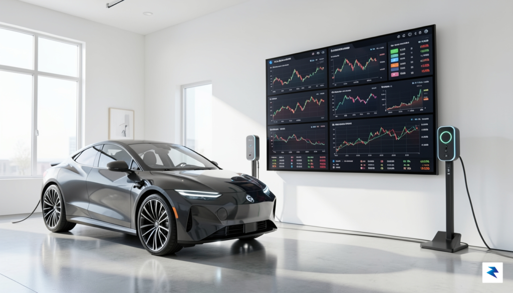 A modern, high-tech financial dashboard displaying stock market trends alongside…