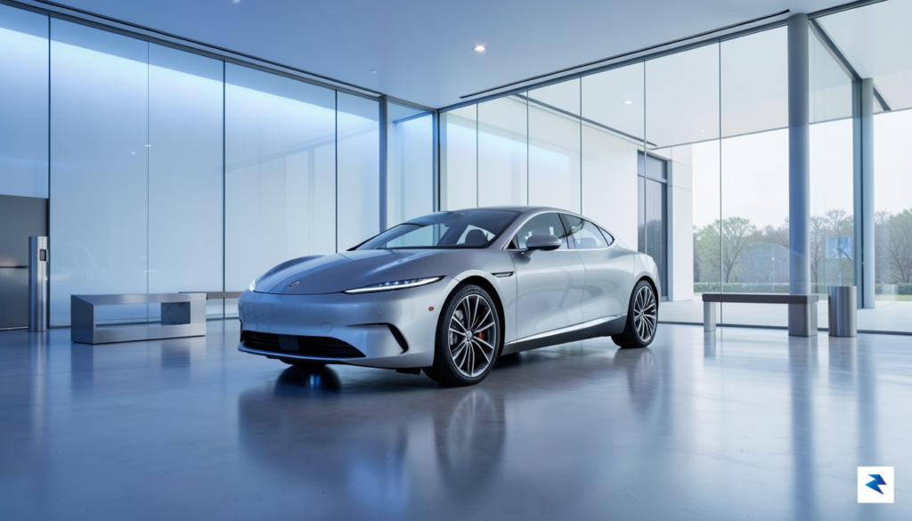 A wide-angle shot of a sleek, silver Lucid Air parked…