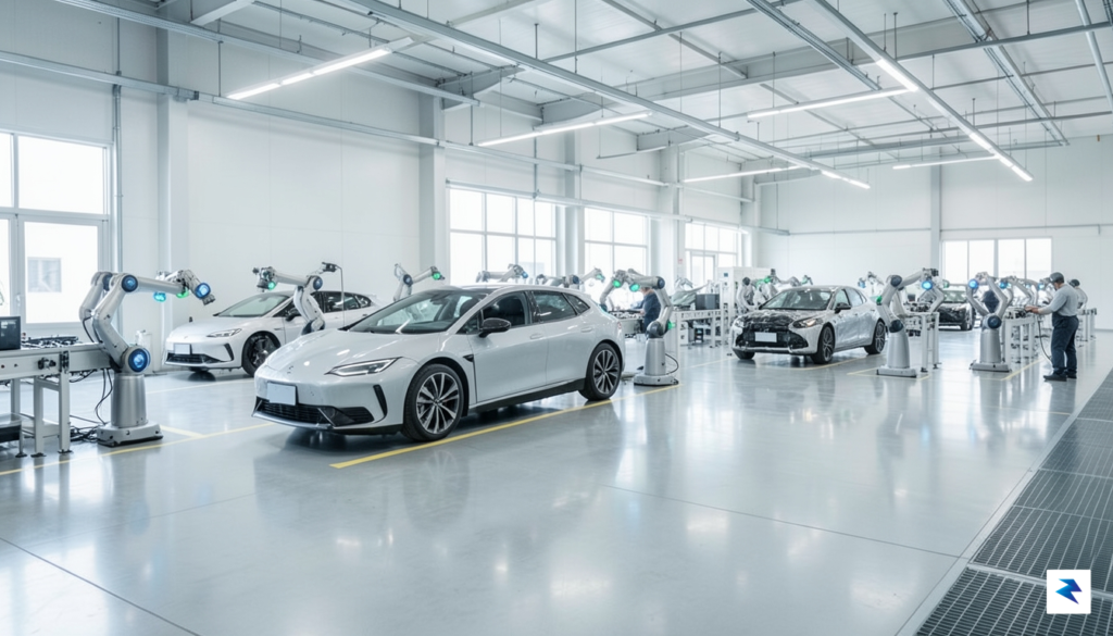 A wide-angle, cinematic shot of a modern, high-tech electric vehicle&hellip;