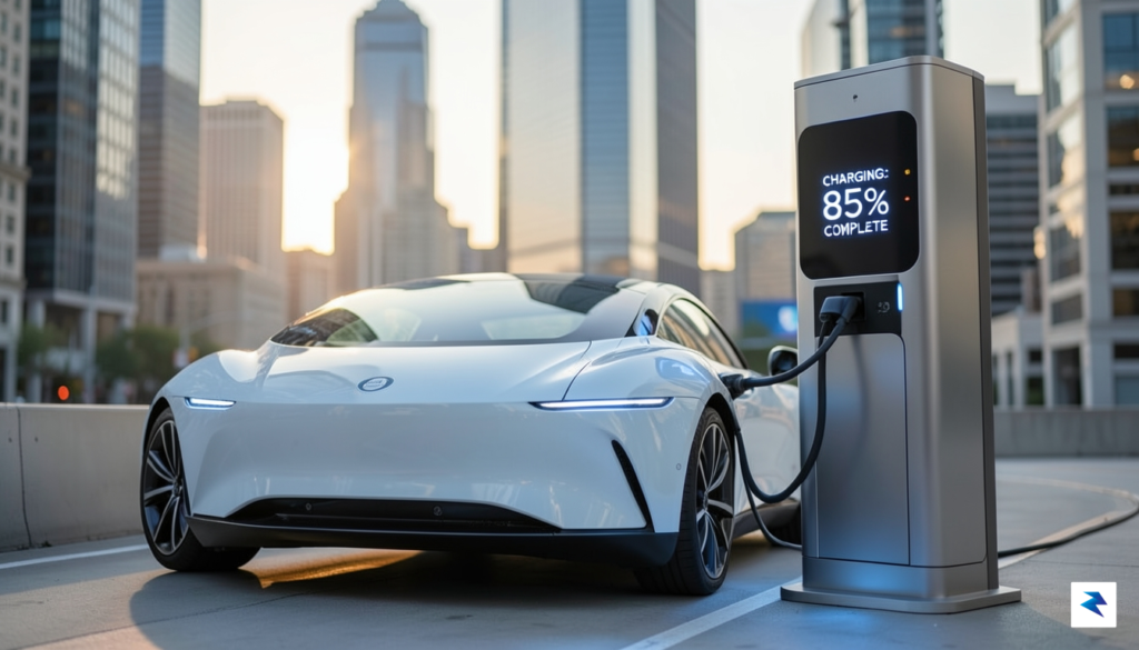 A close-up, high-resolution shot of a Lucid Air vehicle charging&hellip;